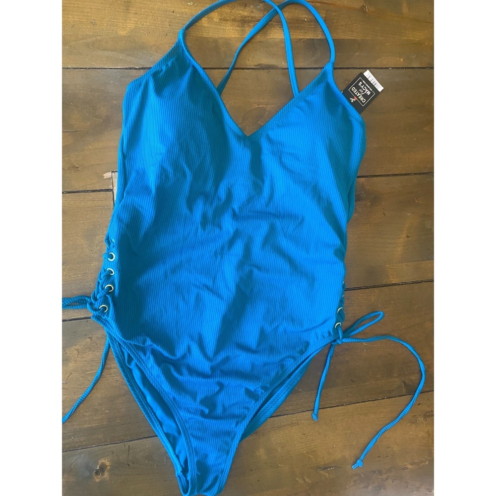 California Waves Womens XL Teal Blue Ribbed Tie Side One Piece Swim‎ Cruise NEW